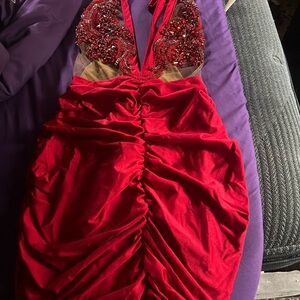 Elegant Red Ruched Dress with Beaded Bodice